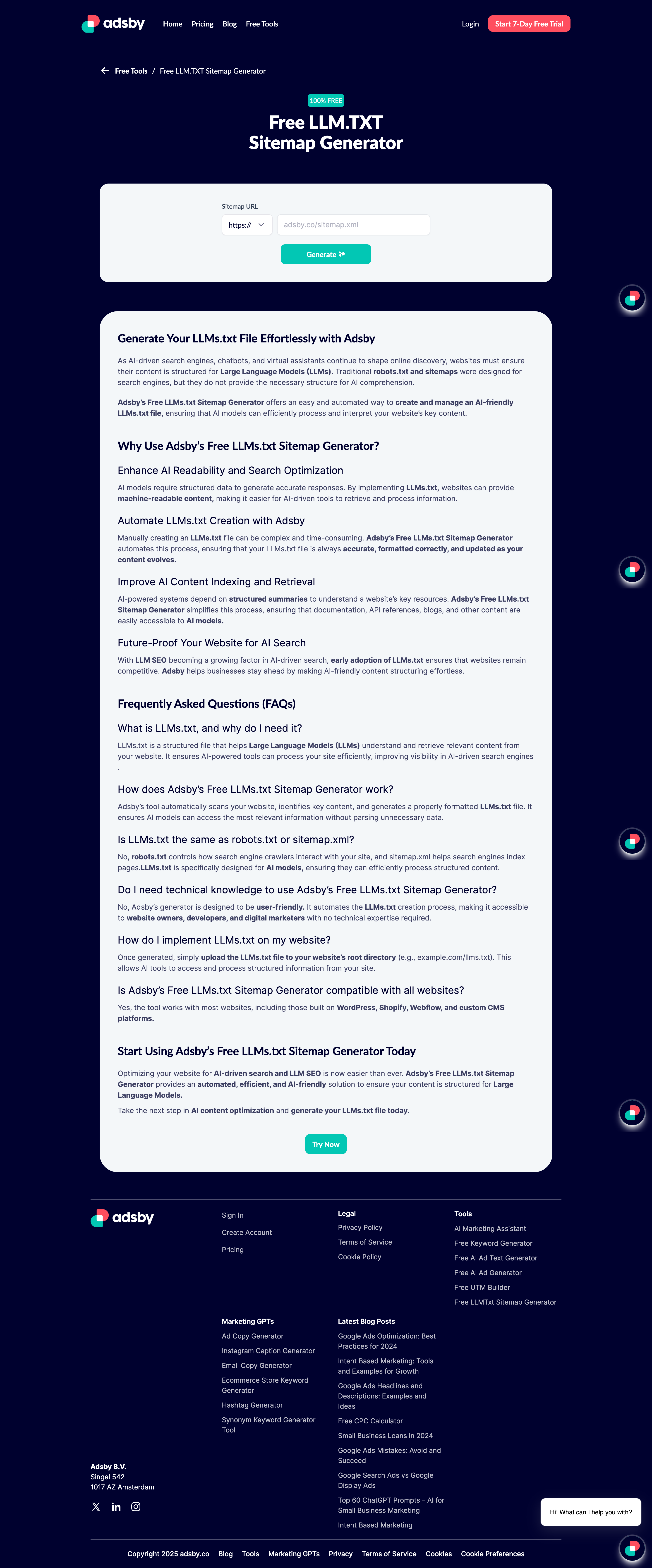 Adsby free LLMs.txt sitemap generator page